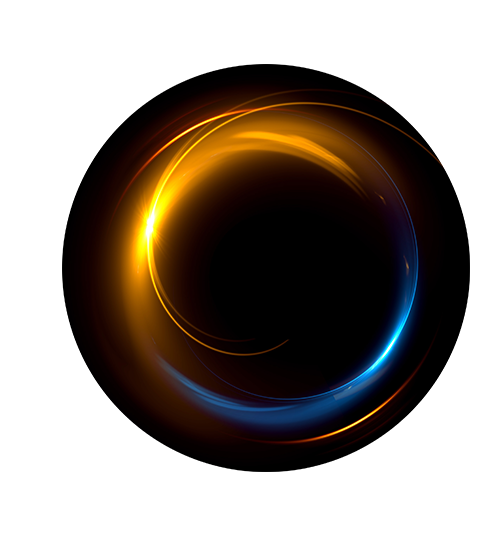 Abstract circular design featuring a blend of orange and blue light effects against a black background, creating a dynamic and modern visual element.
